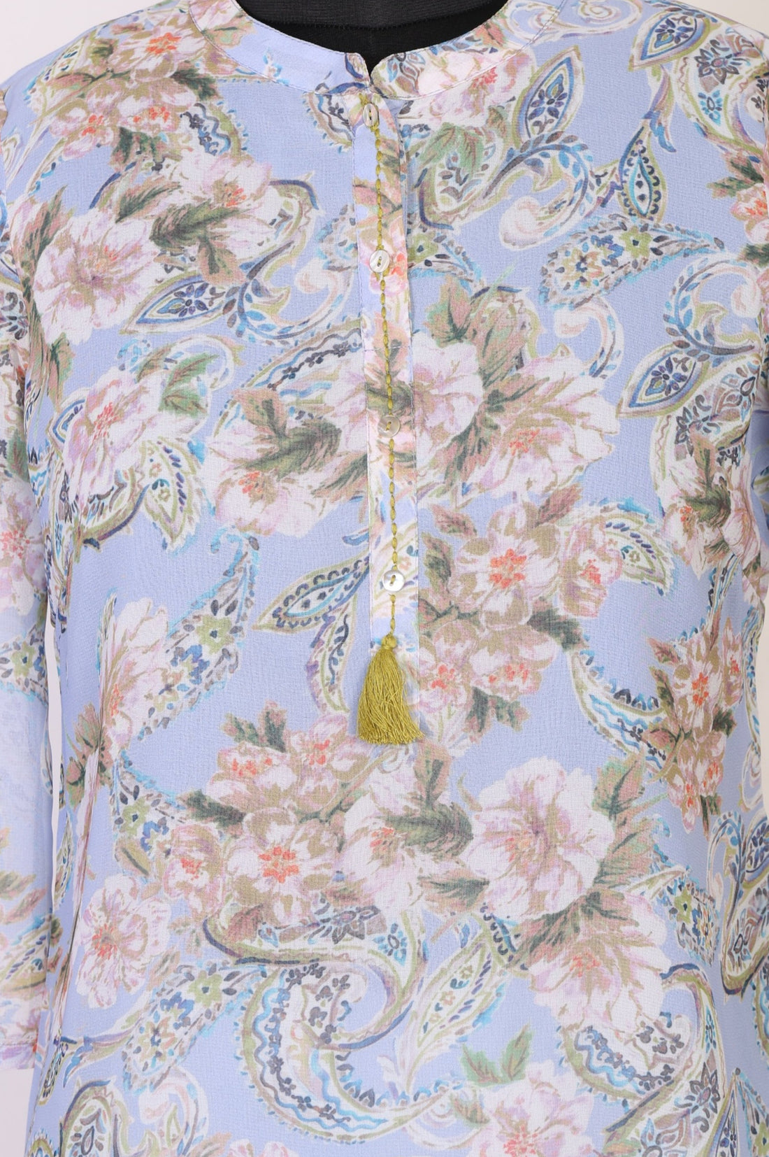 Blue Floral Printed Tassel Straight Kurti