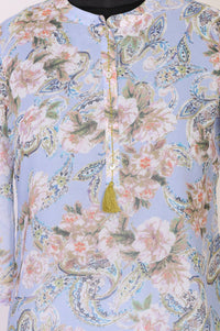 Blue Floral Printed Tassel Straight Kurti