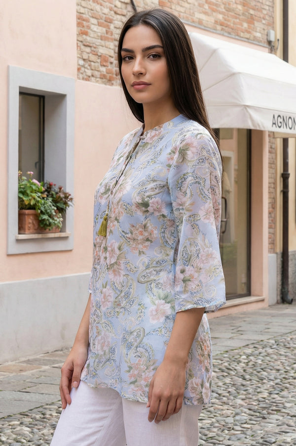 Blue Floral Printed Tassel Straight Kurti