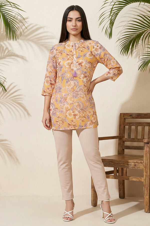 Mustard Paisley Printed Straight Kurti with Tassel