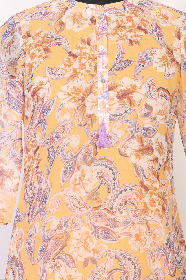 Mustard Paisley Printed Straight Kurti with Tassel