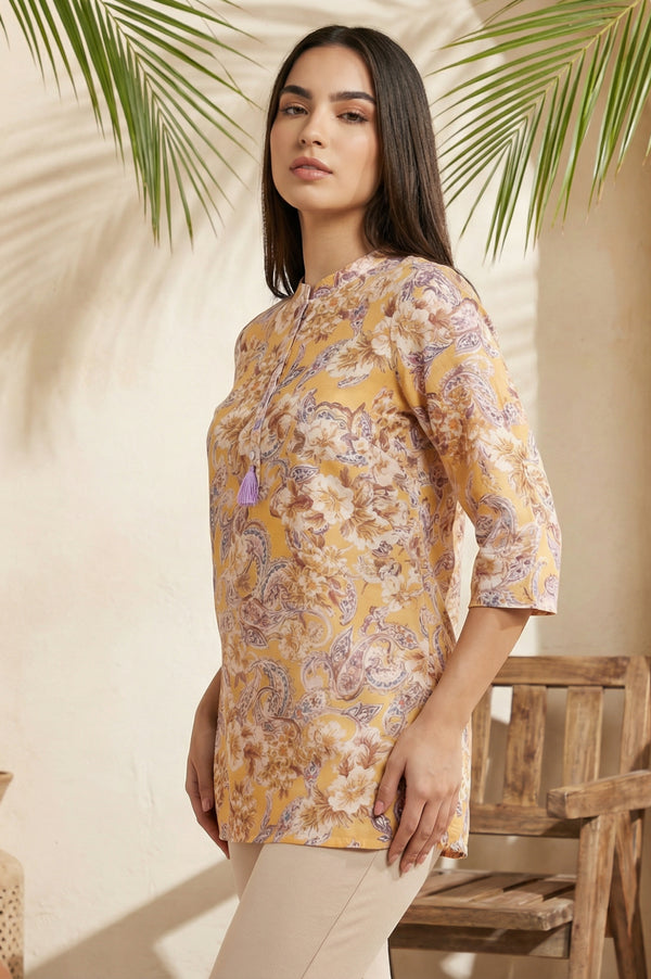 Mustard Paisley Printed Straight Kurti with Tassel