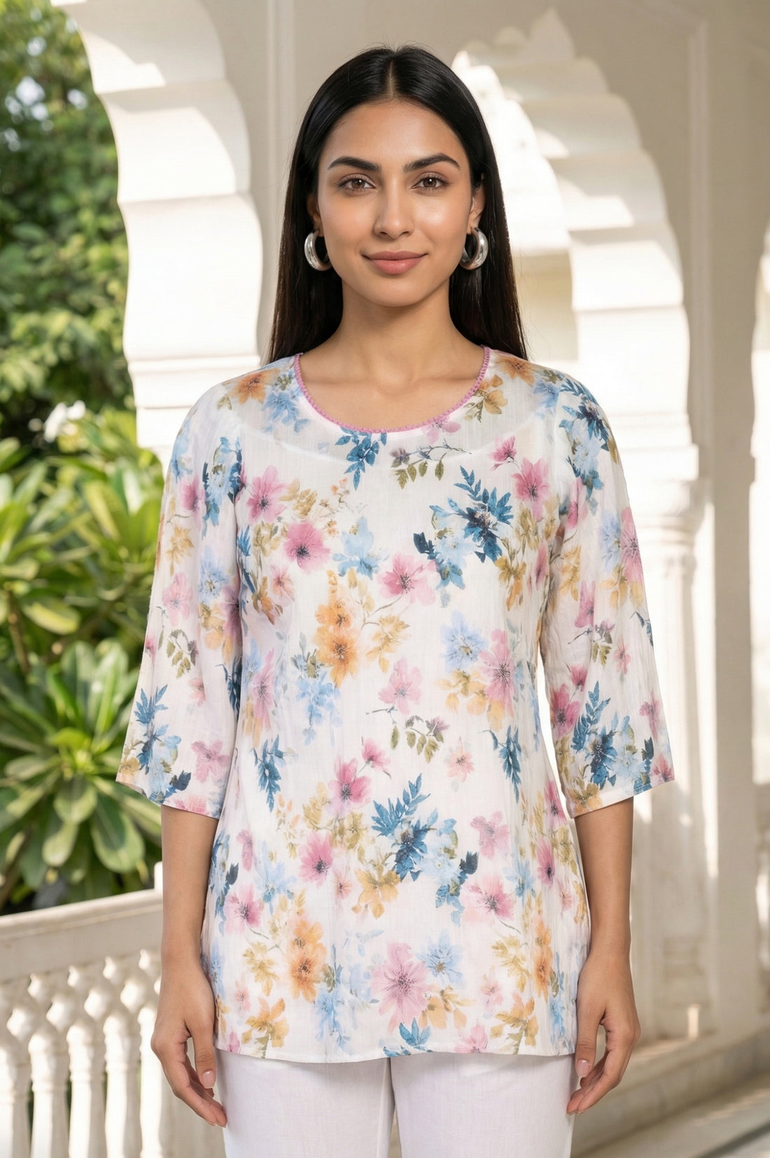 White Floral Printed Rayon Straight Short Kurti