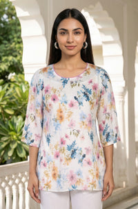 White Floral Printed Rayon Straight Short Kurti