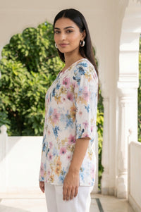 White Floral Printed Rayon Straight Short Kurti