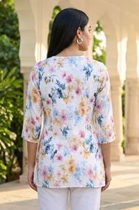 White Floral Printed Rayon Straight Short Kurti