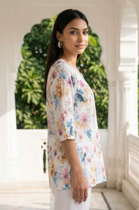 White Floral Printed Rayon Straight Short Kurti
