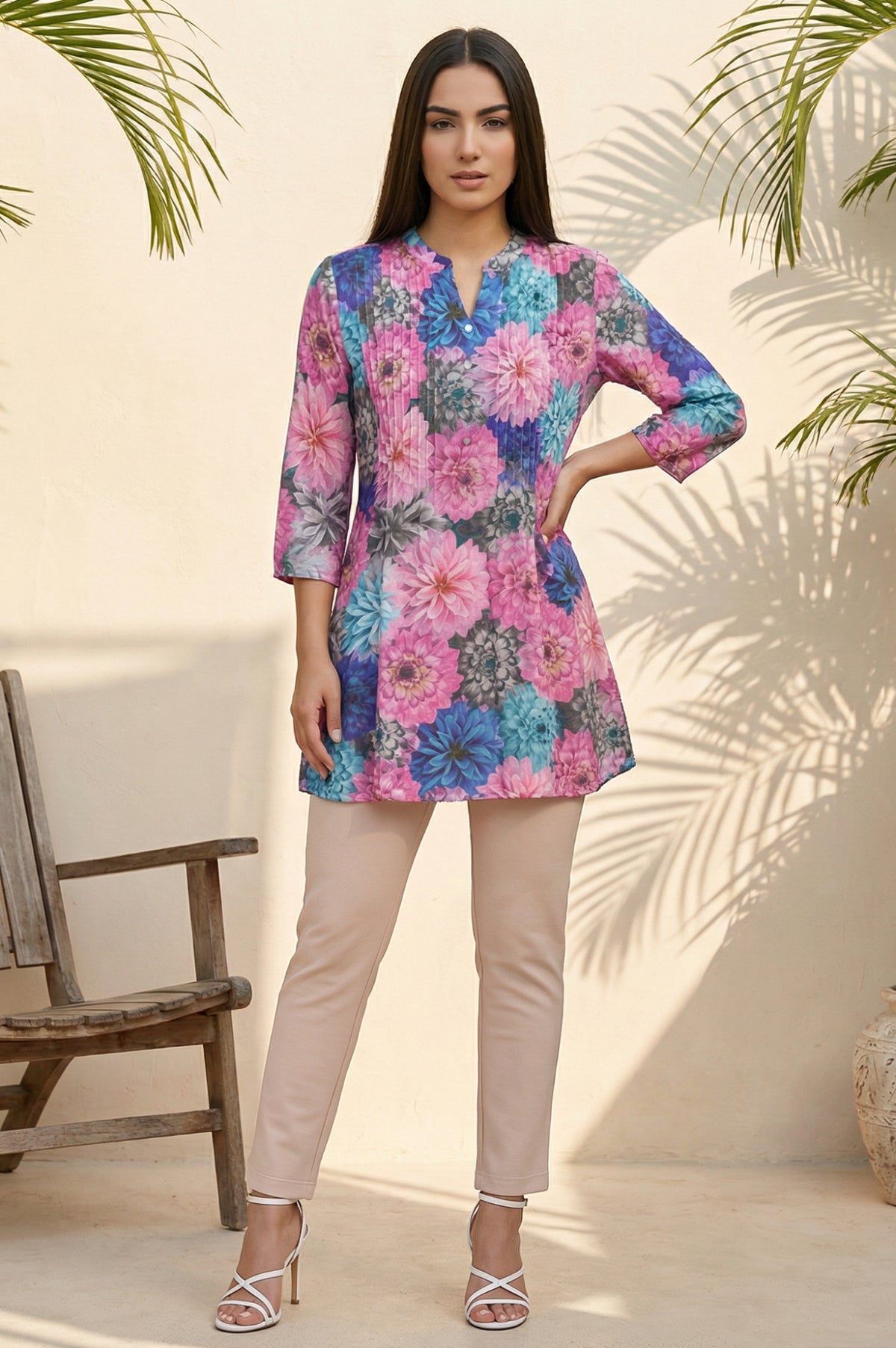 Multicolor Floral Printed Pintucks Modal Straight Kurti - S