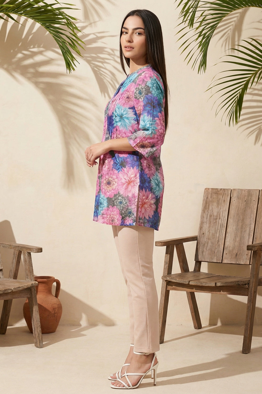 Multicolor Floral Printed Pintucks Modal Straight Kurti