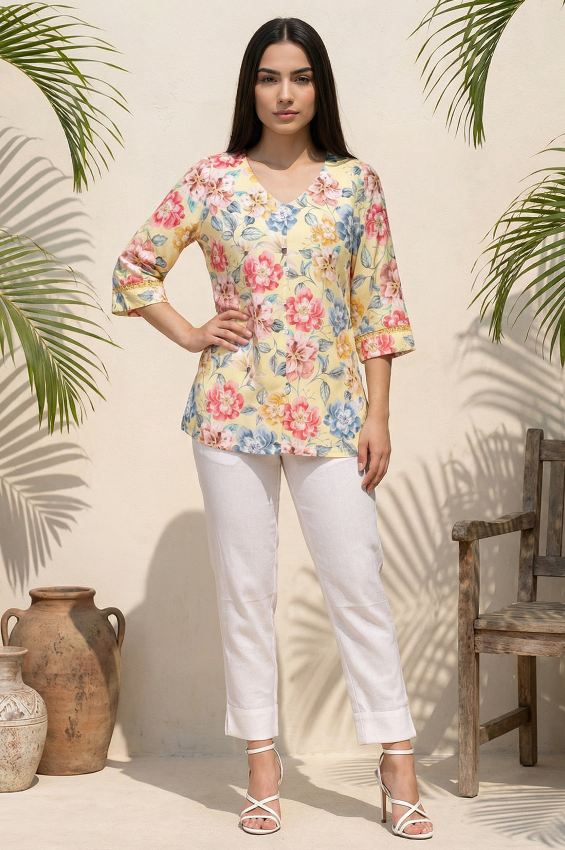 Yellow Floral Printed Rayon Straight Top