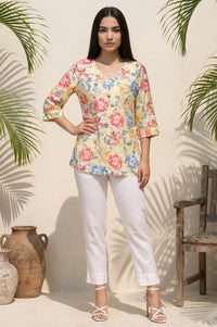 Yellow Floral Printed Rayon Straight Top