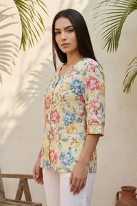 Yellow Floral Printed Rayon Straight Top