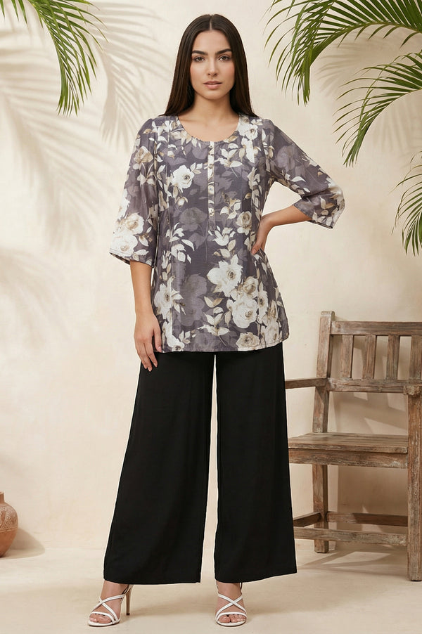 Grey Floral Printed Buttons Modal Straight Kurti