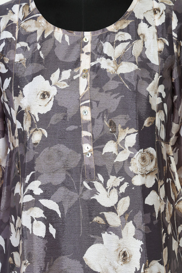 Grey Floral Printed Buttons Modal Straight Kurti