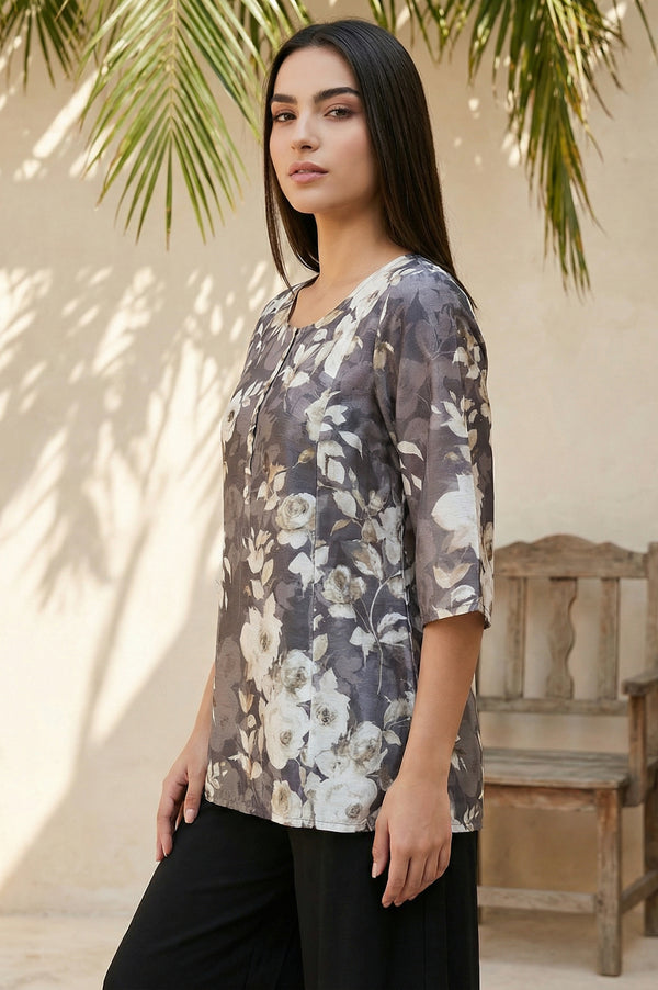 Grey Floral Printed Buttons Modal Straight Kurti
