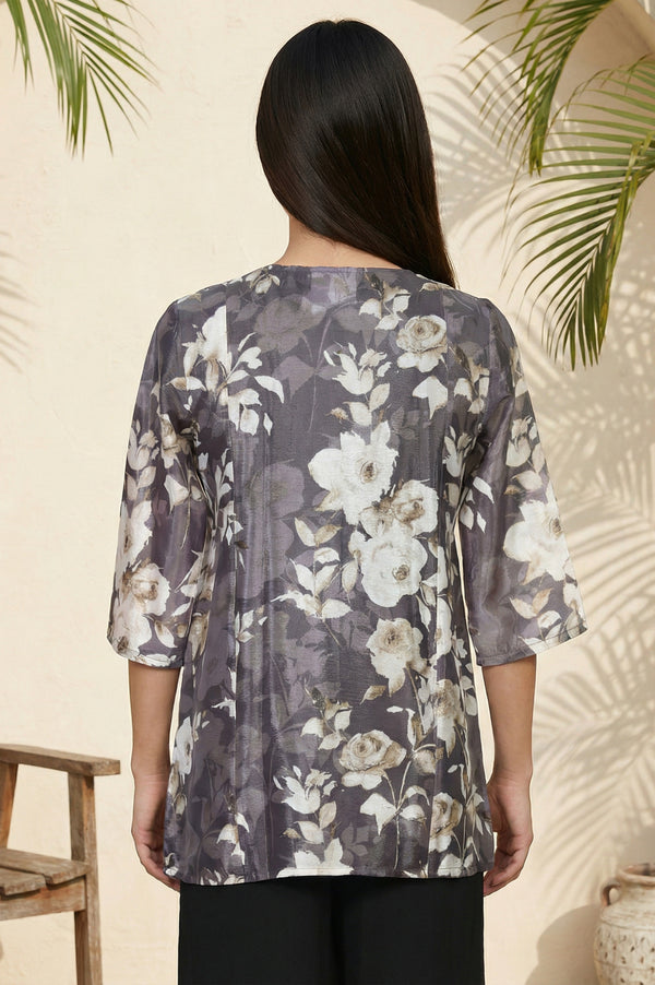 Grey Floral Printed Buttons Modal Straight Kurti