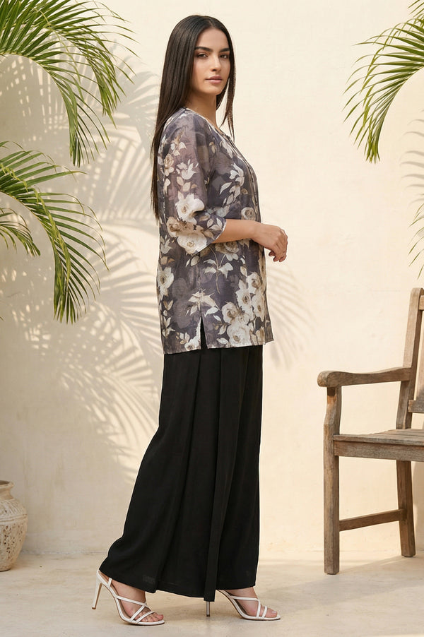 Grey Floral Printed Buttons Modal Straight Kurti