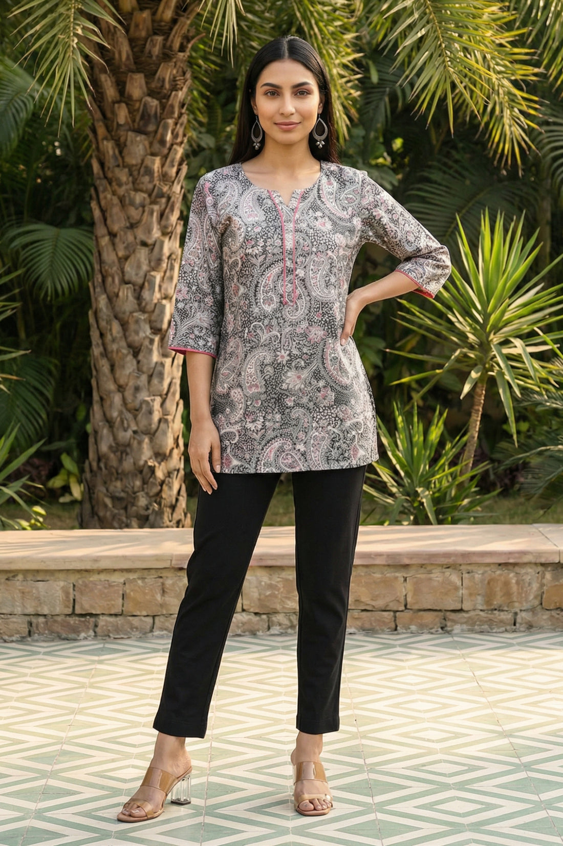 Black Paisley Printed Rayon Straight Short Kurti