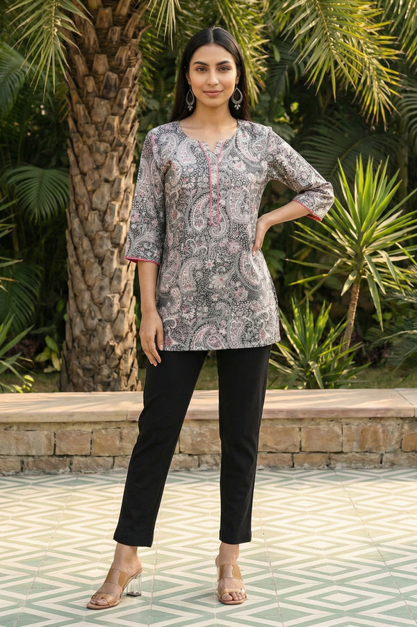 Black Paisley Printed Rayon Straight Short Kurti