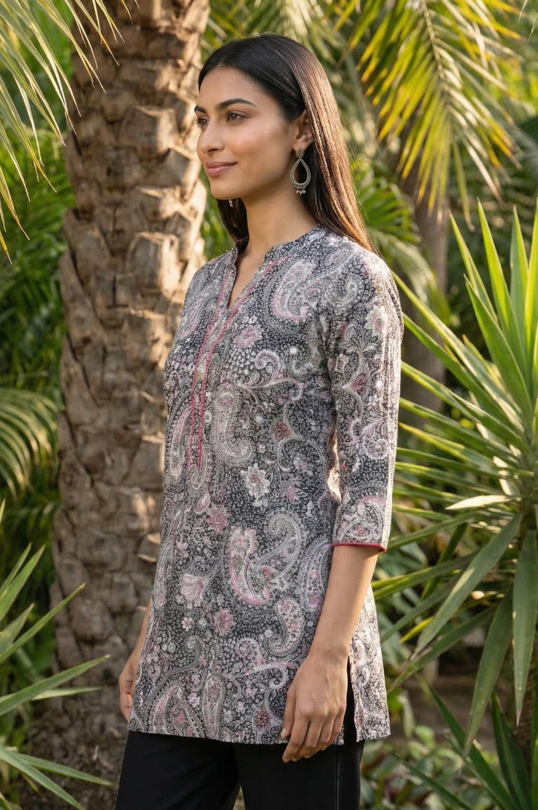 Black Paisley Printed Rayon Straight Short Kurti