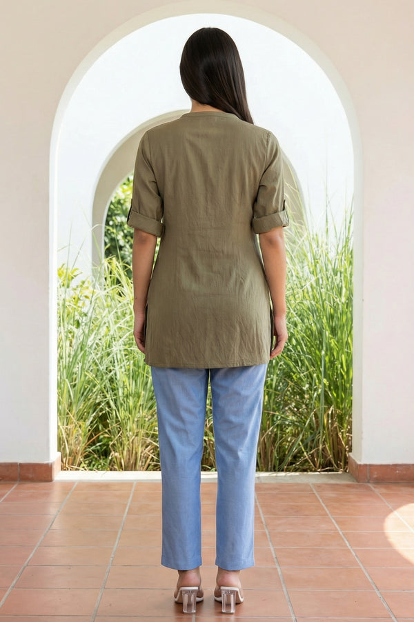 Olive Solid Buttons Straight Kurti