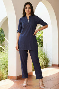 Navy Blue Solid Buttons Straight Kurti