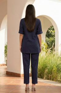 Navy Blue Solid Buttons Straight Kurti