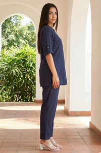 Navy Blue Solid Buttons Straight Kurti