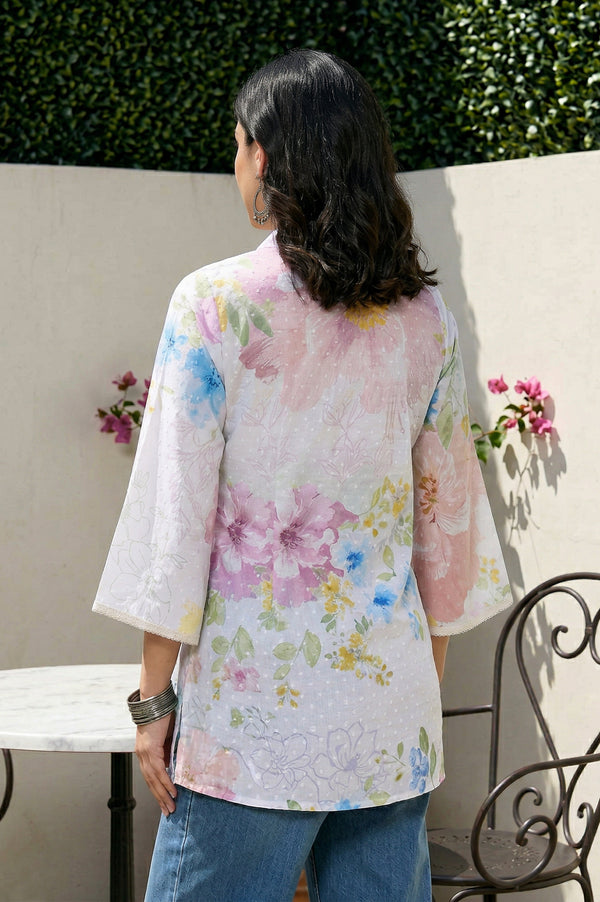 White Lace Floral Printed Pure Cotton Straight Kurti