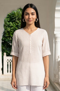 Off White Striped Yarn Dyed Cotton Lurex Straight Kurti
