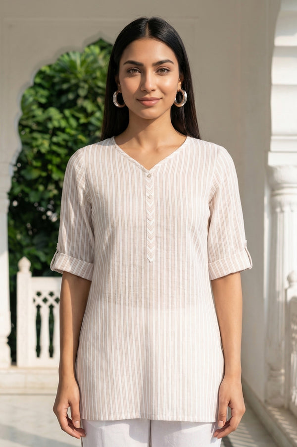 Off White Striped Yarn Dyed Cotton Lurex Straight Kurti