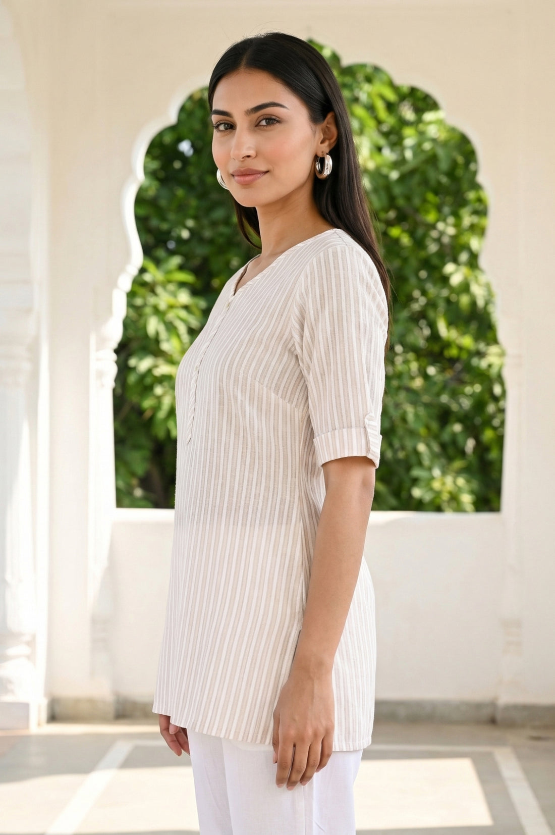 Off White Striped Yarn Dyed Cotton Lurex Straight Kurti