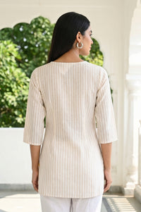 Off White Striped Yarn Dyed Cotton Lurex Straight Kurti