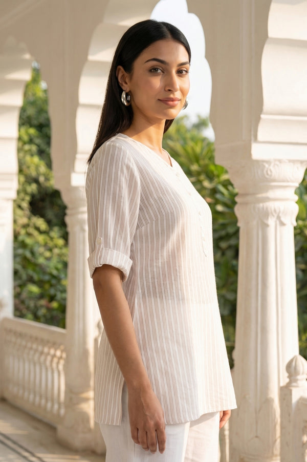 Off White Striped Yarn Dyed Cotton Lurex Straight Kurti