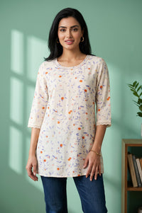 Cream Floral Printed Cotton Blend A-line Short Kurti
