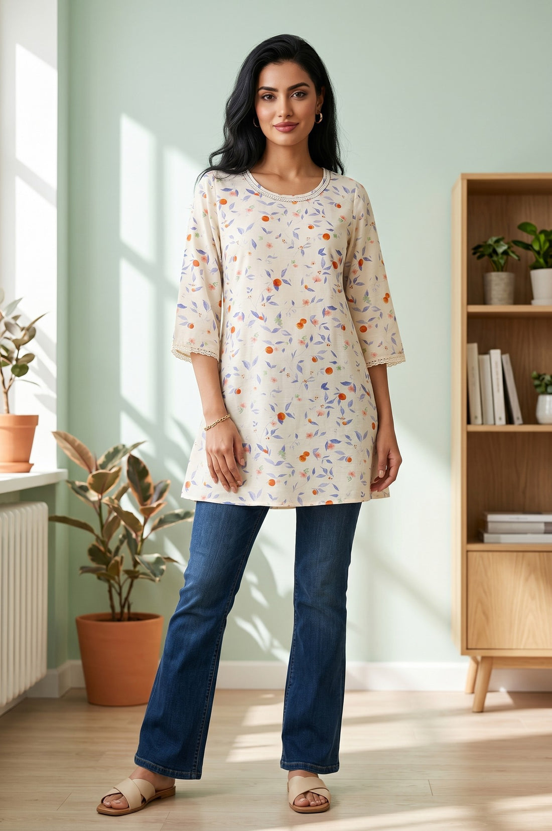 Cream Floral Printed Cotton Blend A-line Short Kurti