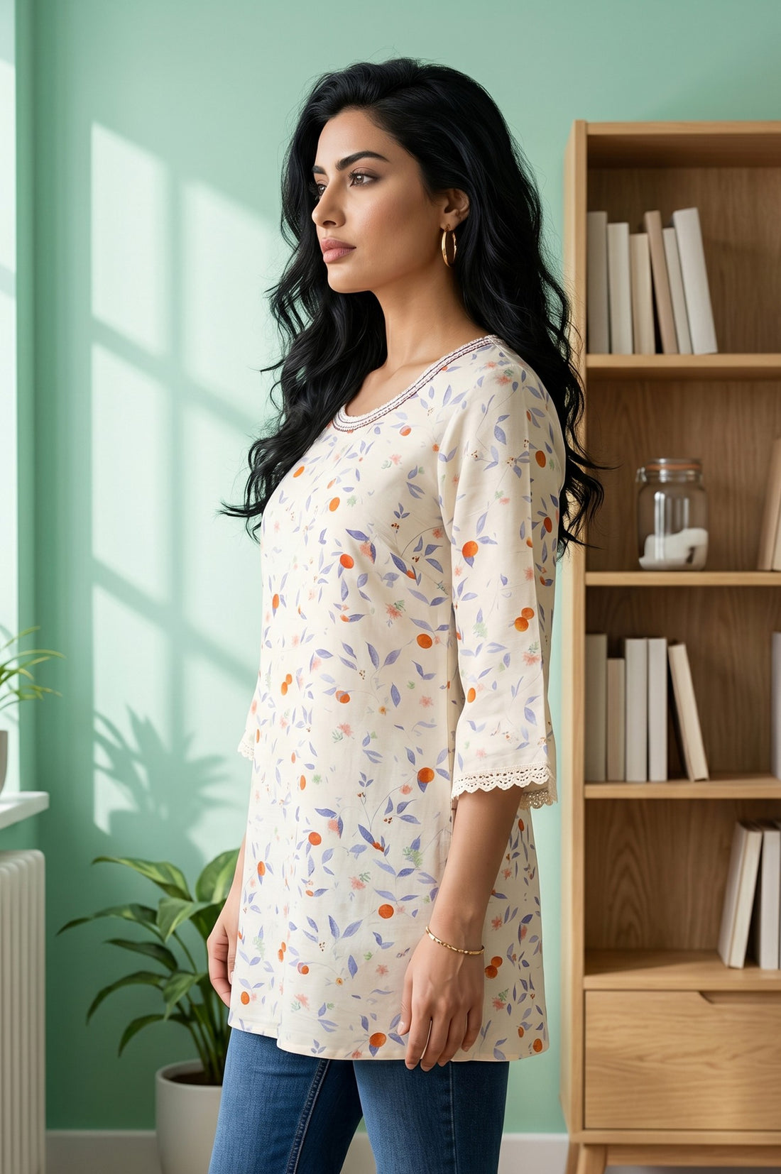 Cream Floral Printed Cotton Blend A-line Short Kurti