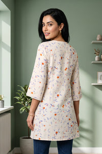 Cream Floral Printed Cotton Blend A-line Short Kurti