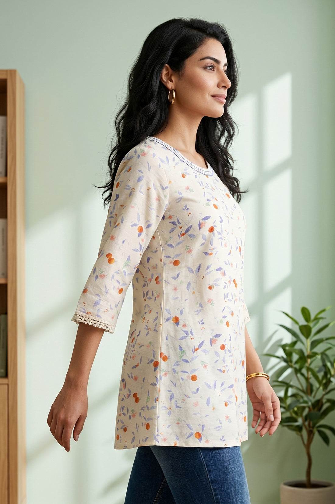 Cream Floral Printed Cotton Blend A-line Short Kurti