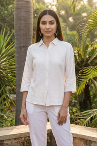Off White Textured Yarn Dyed Cotton Blend Straight Top
