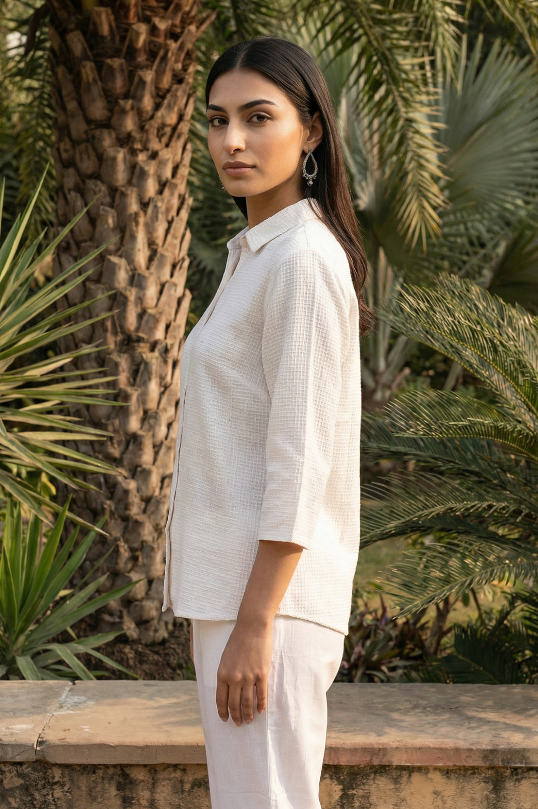 Off White Textured Yarn Dyed Cotton Blend Straight Top