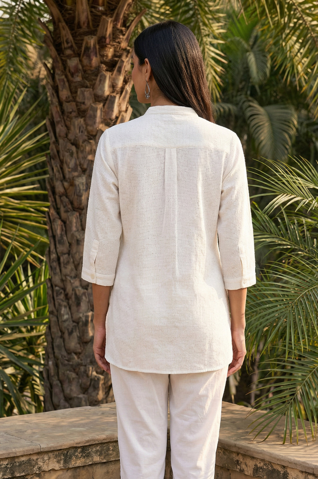 Off White Textured Yarn Dyed Cotton Blend Straight Top