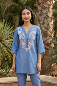 Blue Embroidered Yarn Dyed Lyocell Straight Kurti
