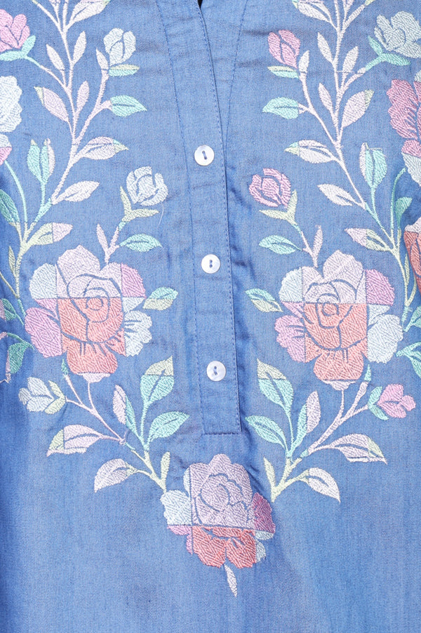 Blue Embroidered Yarn Dyed Lyocell Straight Kurti
