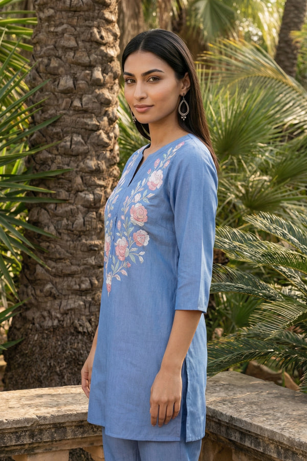 Blue Embroidered Yarn Dyed Lyocell Straight Kurti