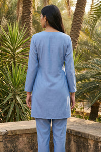 Blue Embroidered Yarn Dyed Lyocell Straight Kurti