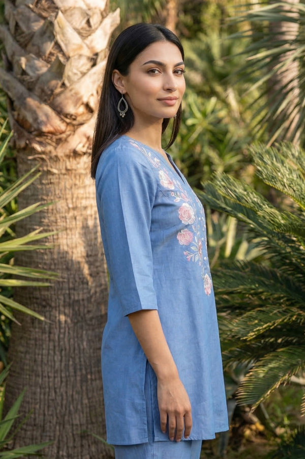 Blue Embroidered Yarn Dyed Lyocell Straight Kurti