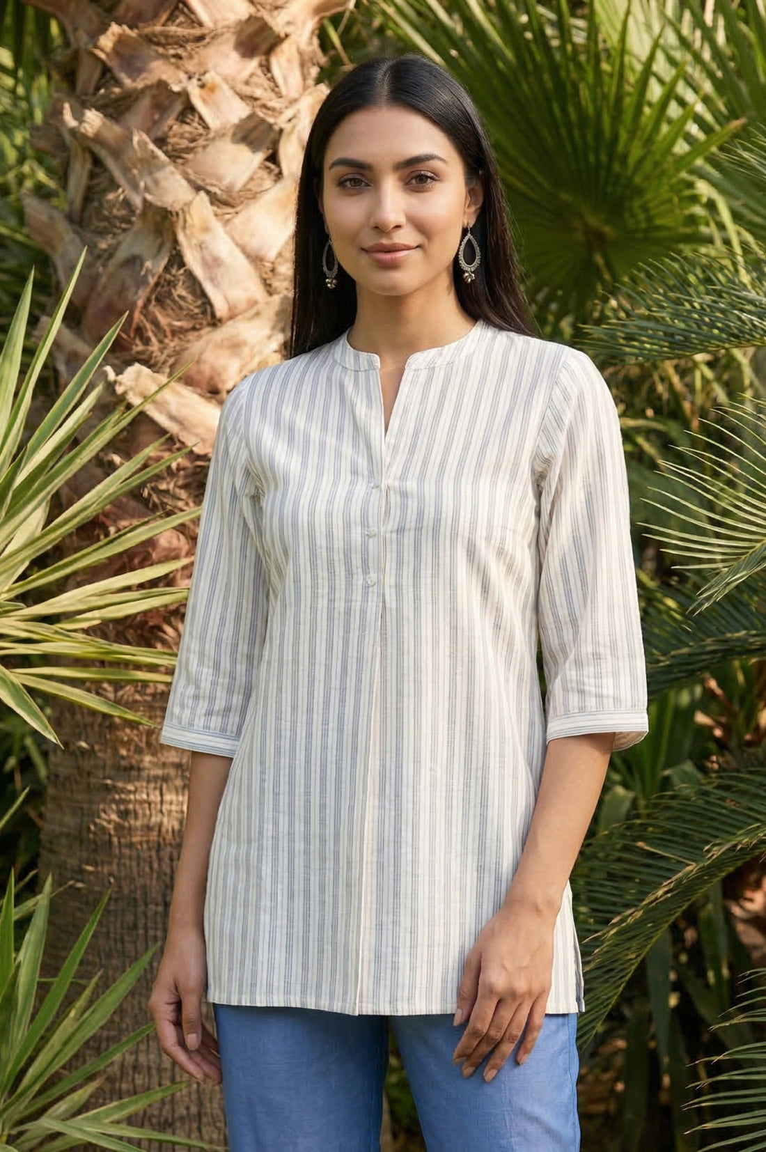White Striped Yarn Dyed Cotton Blend Straight Kurti