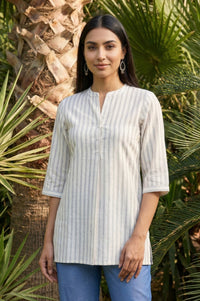 White Striped Yarn Dyed Cotton Blend Straight Kurti