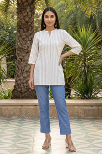 White Striped Yarn Dyed Cotton Blend Straight Kurti
